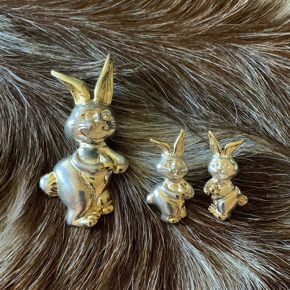 Vintage Silver Tone Rabbit Earrings w/ Matching Bunny Pendant light gold accents